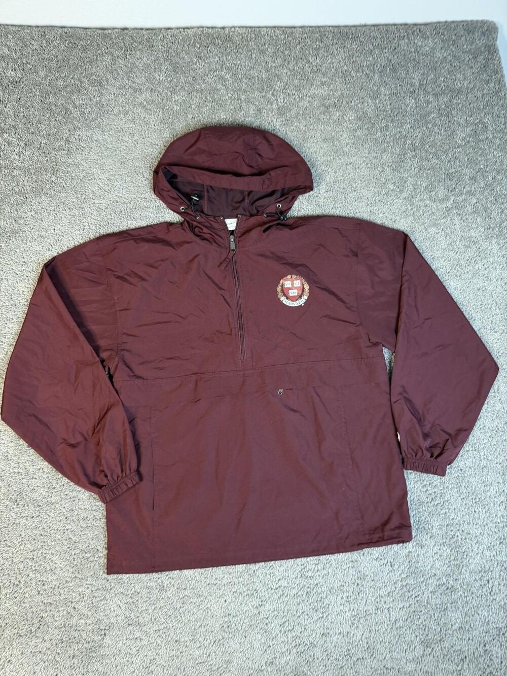 Harvard Jacket Mens L Crimson Red Pullover Champion Windbreaker Hooded 1/4 Zip